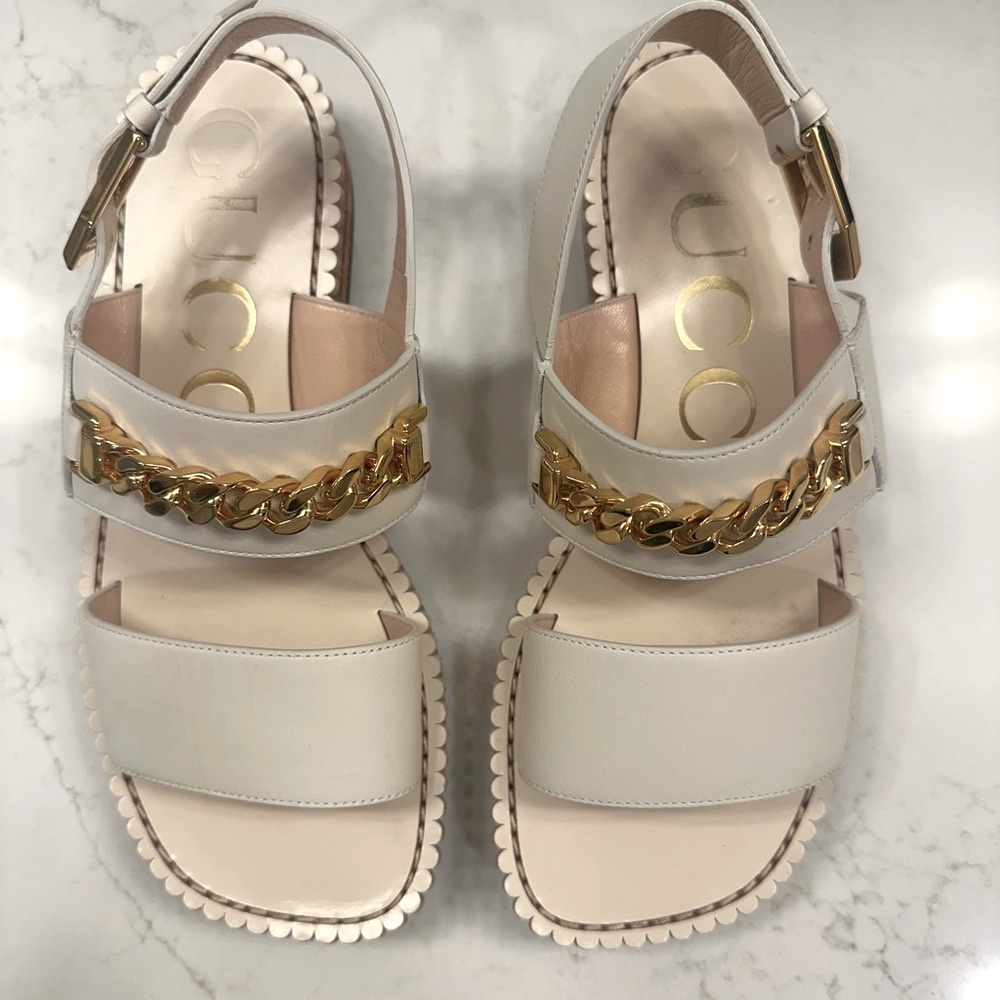 Gucci Women's Ivory Sandals with Gold Chain Hardware